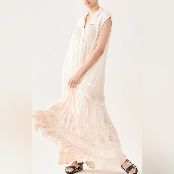 Free People Ecru Pink Pretty Cozy Viscose Tiered Sleeveless Boho Maxi Dress XL - Picture 17 of 17